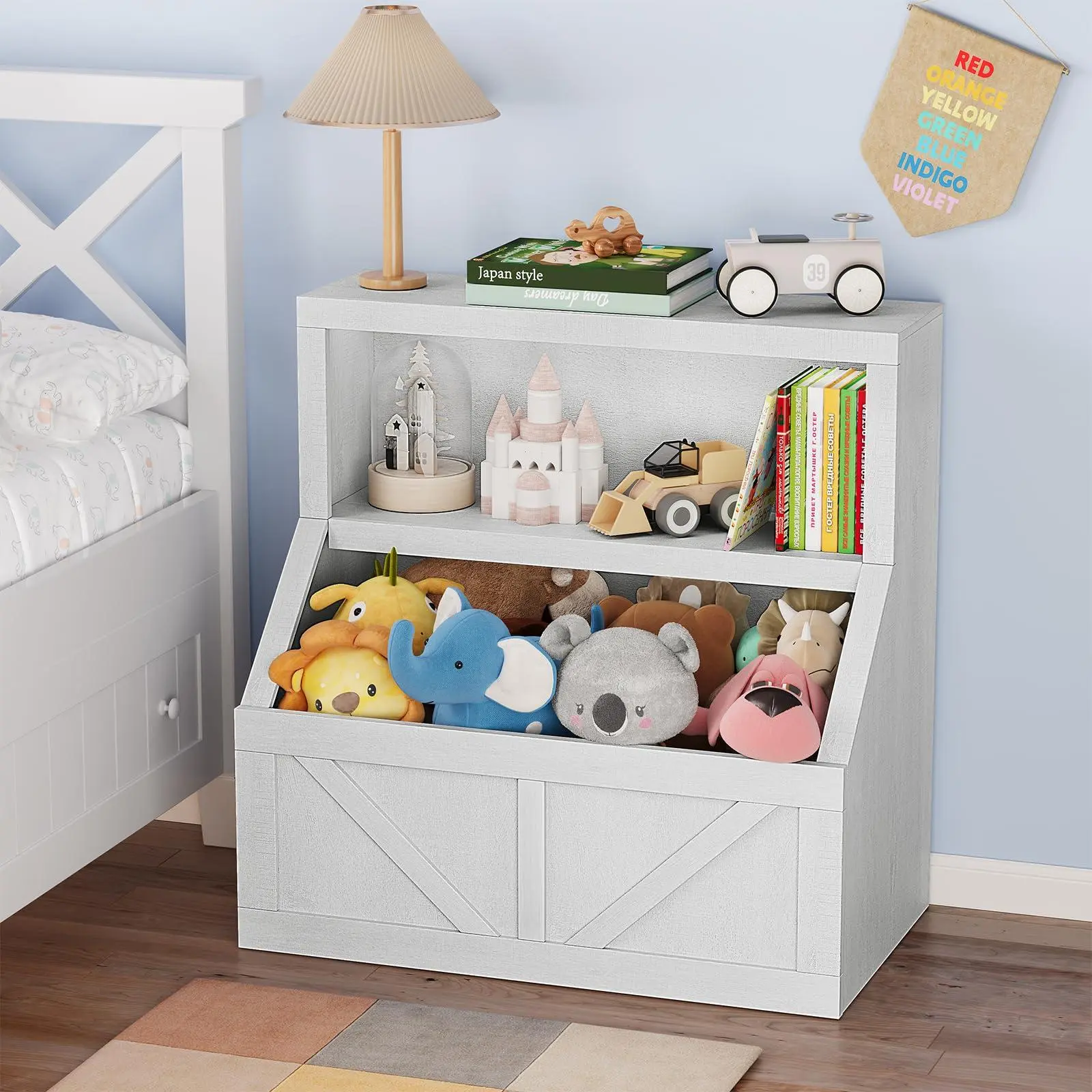 Kids Bookshelf and Toy Storage, Wooden Bookcase with Storage Cabinet and Toy Shelf, Floor Standing Toy Organizer, Toddler Book Shelf for Kids Rooms, Playroom, Bedroom, Nursery, Antique White