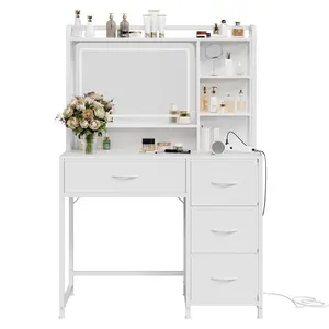 Garvee Vanity Desk with Mirror, 35.4” Makeup Vanity Table with Shelves, 4 Fabric Drawers Storage, Modern Dressing Table for Bedroom, Gift for Women