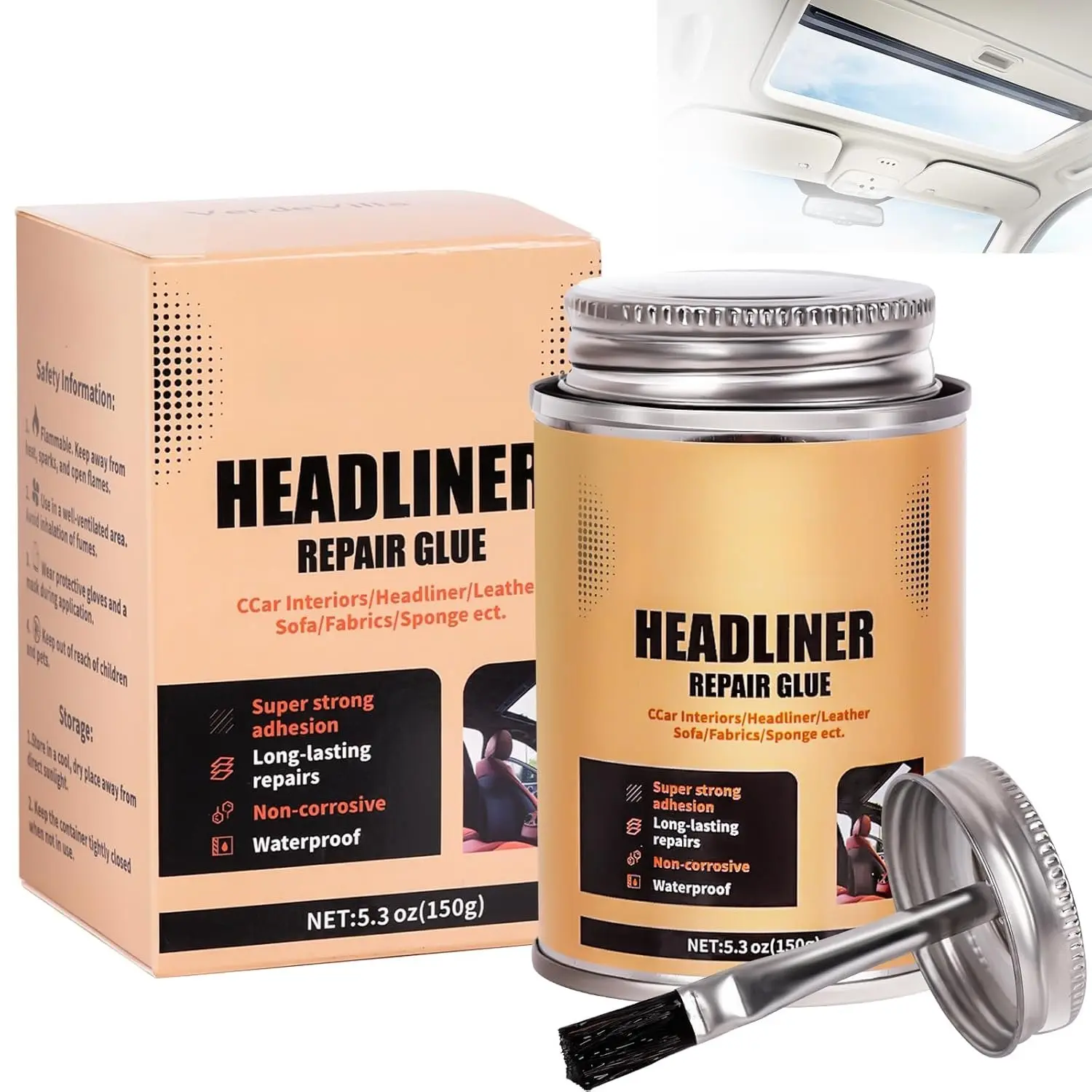 Headliner Repair Glue,  Headliner Adhesive with Brush,  Roof Liner Fabric Adhesive, Upholstery Glue for ,Headliner Repair Kit, Suitable for Automotive interiors, Fabric, Leather