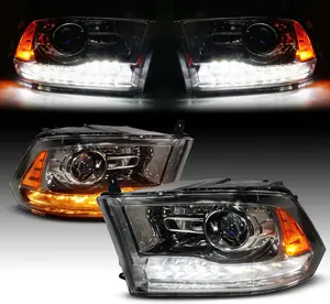 AmeriLite for 2009-2018 Dodge Ram 1500 2500 3500 Truck All Models Switchback LED Tube Gun-Metal Replacement Projector Headlight Pair - Passenger and Driver Side