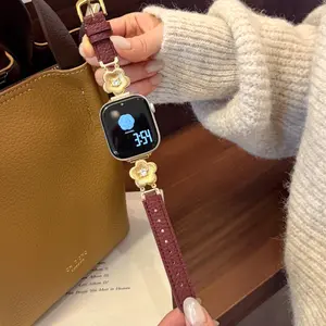 Luxury Leather Watch Band for Apple Watch S11/s10/9/8/7/6/5/4/3, Adjustable Buckle, Rhinestone Flower Decor, Daily Wear, Smartwatch Strap