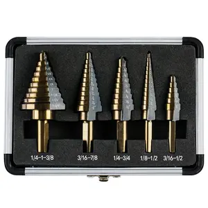 AKOO Step Drill Bits, 5PCS HSS Titanium Step Drill Bit Set, 50 Sizes High Speed Steel Step Bits for Metal with Aluminum Case
