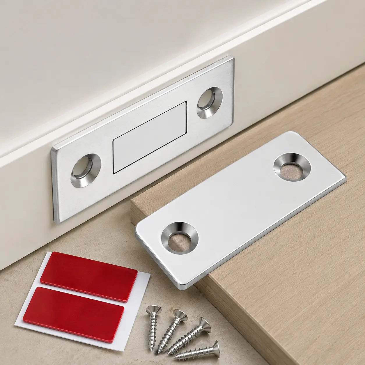 Ultra Thin Silent Magnetic Door Closer: No Drill Cabinet Lock, Anti-Pinch Design for Wardrobe Doors Windows. Universal Safety Buffer, Anti-Crash High Density Auto-Adhesive Magnetic Door Stopper. Rustproof Durable Hidden Door Catch.
