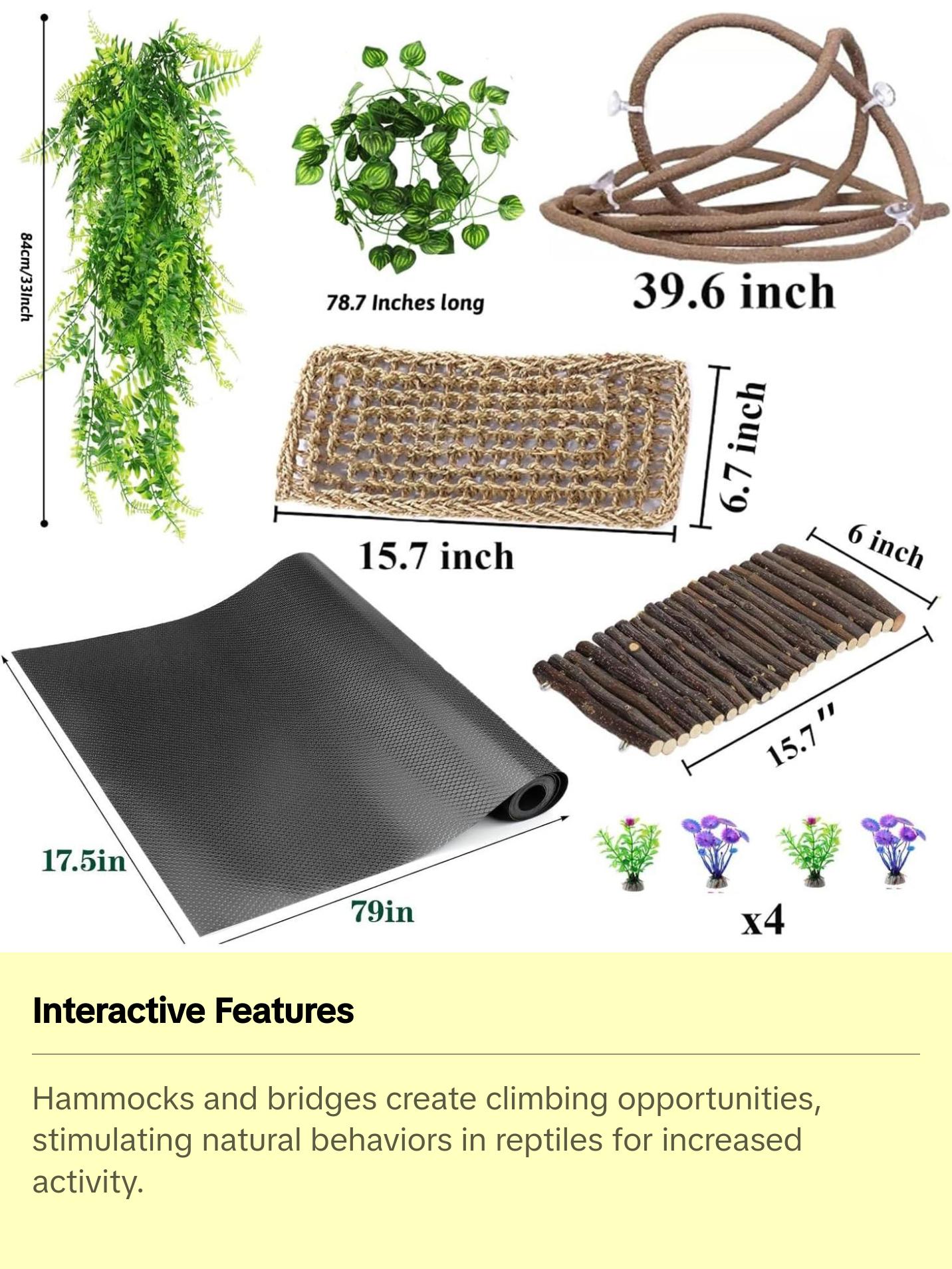 Bearded Dragon Tank Accessories, Reptile Mat Hammock Plants Bridge Jungle Climber Vines Terrarium Decorations for Bearded Dragon Lizard Snake (10 PCS with Reptile Mat)