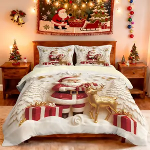 Christmas Bedding Set, Decorative Bedding Set, Santa Claus Pattern Polyester Fiber Material, Includes One Fitted Sheet and Two Pillowcases