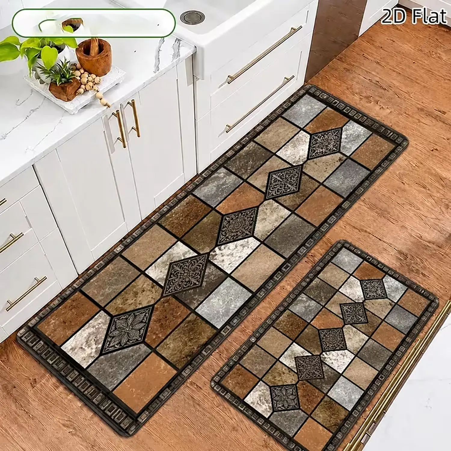 2 Piece Vintage Marble Tile Anti Fatigue Kitchen Rug Set(17.5"×30"+17.5"×47"), Cushioned Comfort Standing Mats, Non Slip Machine Washable Floor Rugs for Kitchen Laundry Room Home Decor
