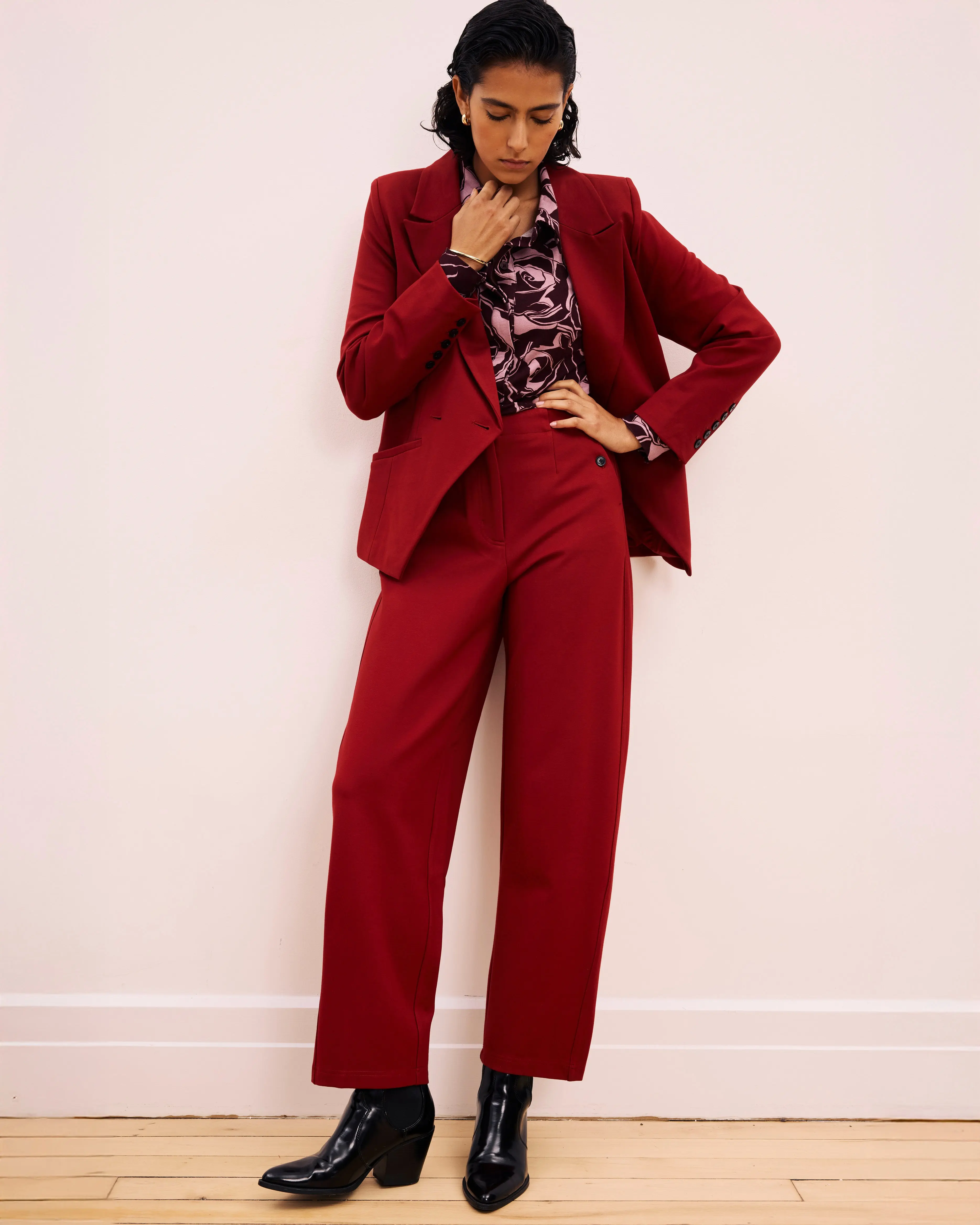 Women's Audrey Relaxed Fit Tapered Trousers in Stretch Ponte Fabric, Wrinkle-Resistant Workwear with Elastic Waist, Garnet, Bottom, Button, Fashion, Fashion Apparel, Clothes, Work Pants, Business Casual Pants, French Edit, Tapered Legs