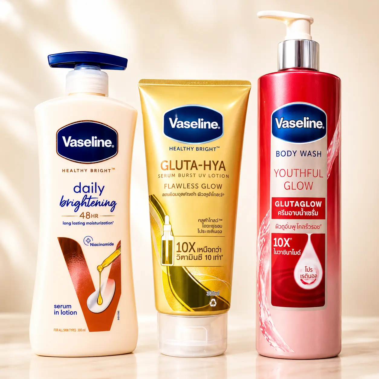 Vaseline Daily Brightening Serum 400mL Body Lotion, Gluta-Hya Flawless Glow 300mL & Youthful Glow Body Wash 425g
