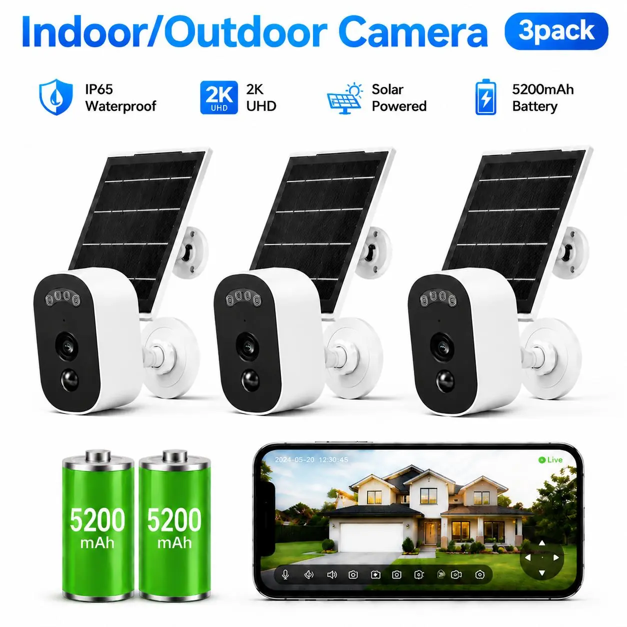 【JOOAN 3PCS 2.5K Wire-Free Outdoor Solar Wireless Security Cameras 】Features Human Detection, Full-Color Night Vision, Two-Way Audio, Waterproof & Dustproof Design, 5200mAh High-Capacity Battery, 2.4GHz Wi-Fi Support, And Tf Card/Cloud Storage,