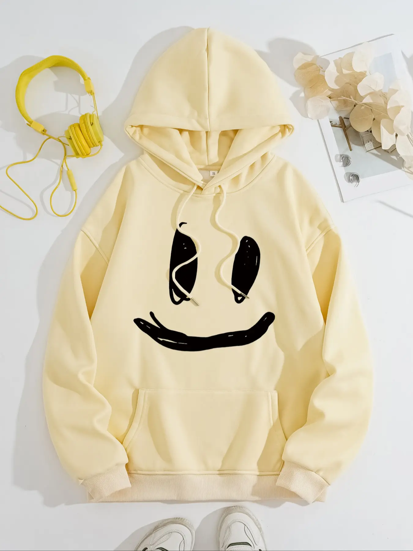 Women's Casual Smile Face Print Hoodie, Sweatshirts, Womenswear, Tops, 100% Polyester Fleece Thick Warm Pullover, Drawstring, Fall & Winter