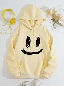 Women's Casual Smile Face Print Hoodie, Sweatshirts, Womenswear, Tops, 100% Polyester Fleece Thick Warm Pullover, Drawstring, Fall & Winter