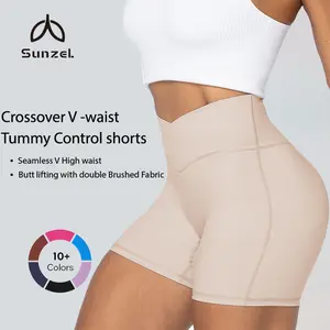 Sunzel Crossover V High Waist Shorts Seamless Tummy Control Yoga Workout Gym Shorts with Butt Lifting Double Brushed Fabric 4-inch Inseam summervibes