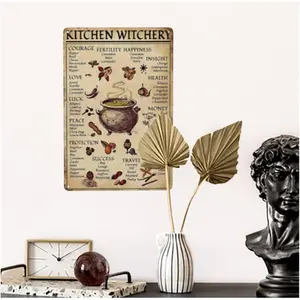 8x12 in Vintage Witchcraft Metal Tin Sign, Kitchen Witchery Spice & Cooking Herbs Themed, Retro Gothic Industrial Farmhouse Wall Artwork, Home Decor Plaque for Halloween
