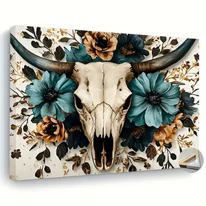 Rustic Chic Cow Skull & Floral Canvas Wall Art Vintage Farmhouse Decor with Wrapped Canvas Frame,Print for Living Room Abstract Wall Art -Home Office Decor Poster Decoration Ornaments Artistic Photo Ready to Hang,Living Room,Bedroom Office,Cow Decor