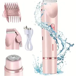 Bikini Trimmer for Women, Electric Shaver and Razor Intimate Pubic Trimmer Rechargeable 2-in-1 Body and Facial Hair Removal Double Head for Painless Trimming of Pubic Face Underarm Legs, IPX7 Waterproof, Cordless, Wireless Trimmer