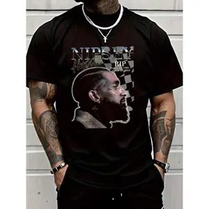 100% Cotton Men's T-Shirt With Bold NIPSEY HUSTLE Graphic - Casual Round Neck, Short Sleeve Tee Featuring Nipsey Hustle & Morse Code Design - Ideal For Daily Wear, Parties & Sports - Machine Wash.Jpg