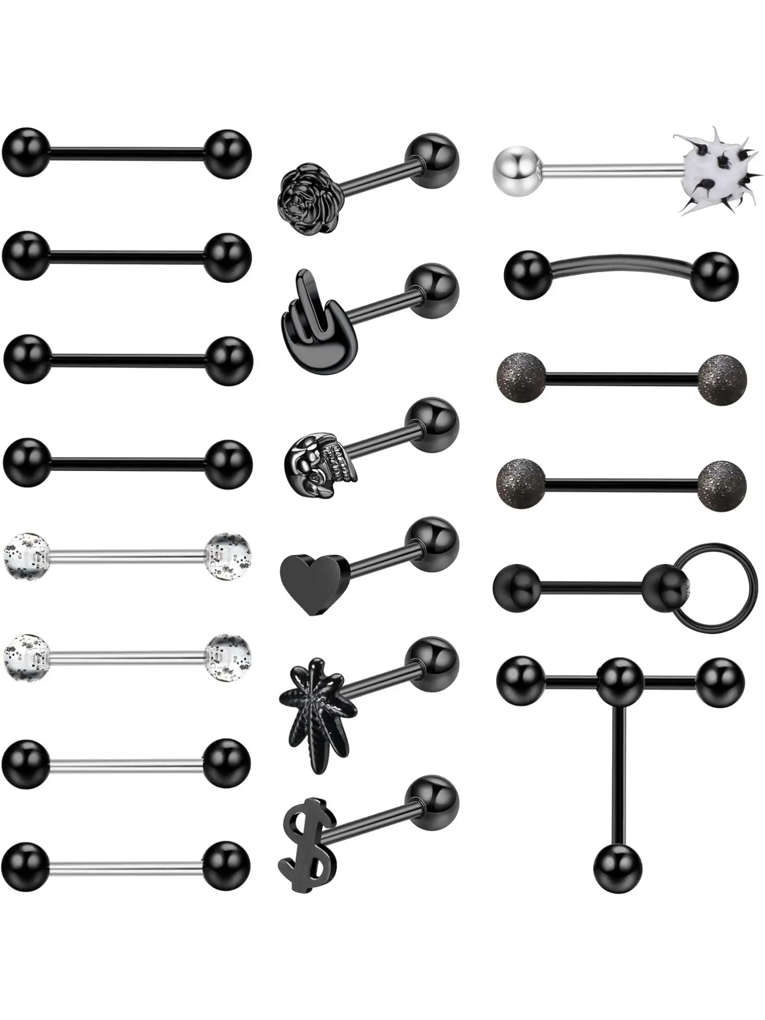20Pcs 14G Tongue Rings for Women Men 316L Stainless Steel Skull Heart Tongue Piercing Jewelry Body Jewellery