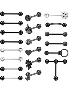 20Pcs 14G Tongue Rings for Women Men 316L Stainless Steel Skull Heart Tongue Piercing Jewelry Body Jewellery