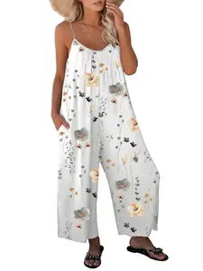 Viral Floral Print Wide Leg Jumpsuit Women's Casual Loose Spaghetti Strap Boho Romper with Pockets Effortless Coastal Cowgirl Aesthetic Main Character Energy Vacation Outfit