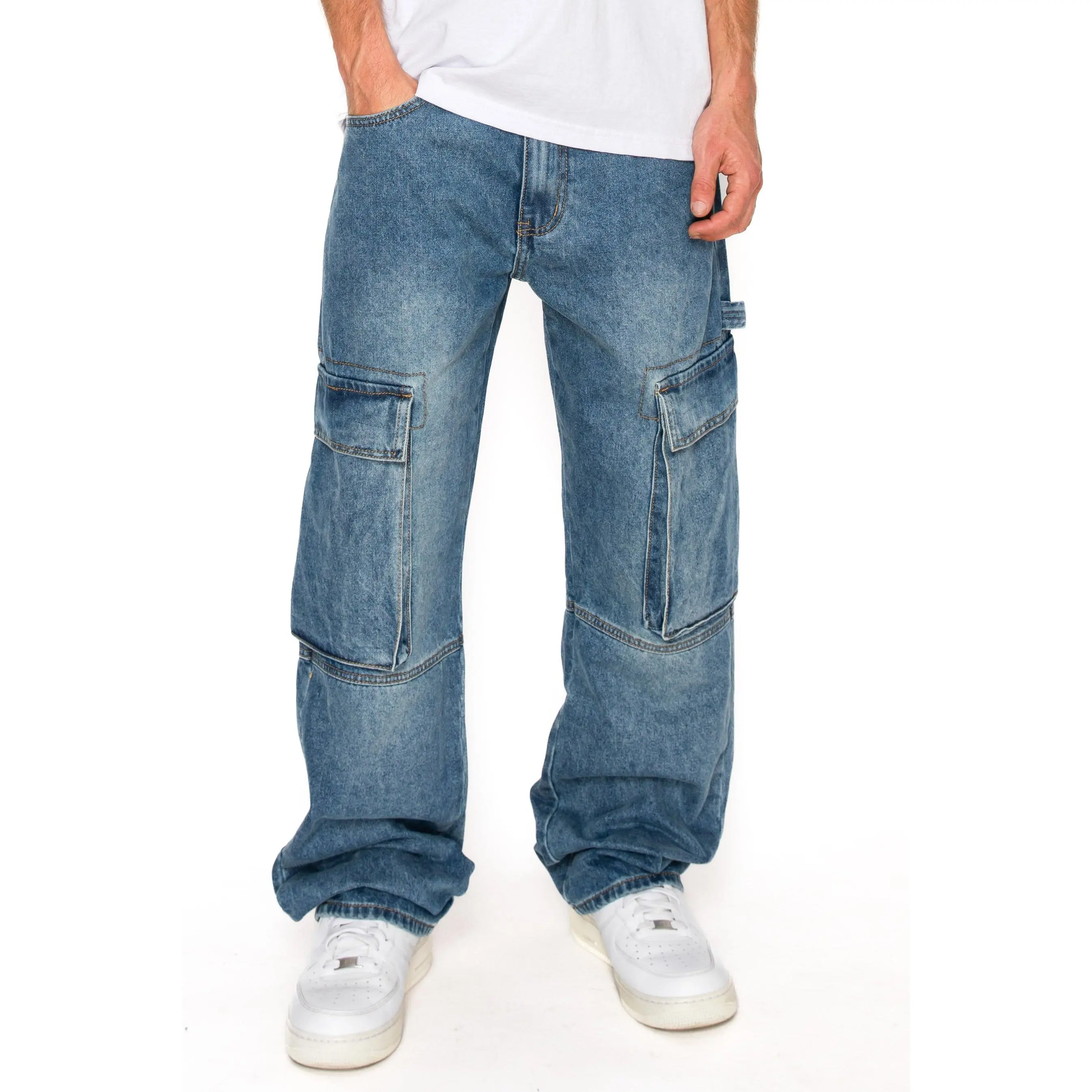 VICTORIOUS Men's Oversized Baggy Fit Cotton Cargo Denim Jeans, Menswear Workwear Casual Bottoms, Pocket, Streetwear, Loose, Utility