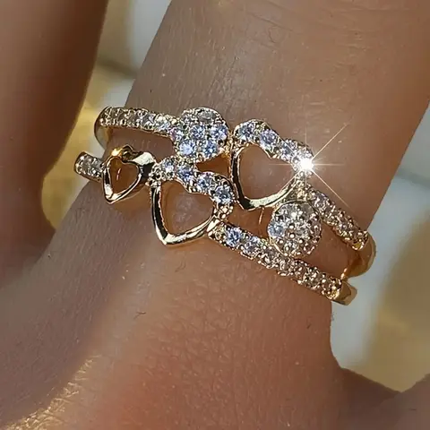 Women's Dual-Row Heart Shape Copper Metal Ring with Inlay Cubic Zirconia - Fashionable Jewelry Accessories, Elegant Party Accessory, Valentine's Day Gift for Girlfriend