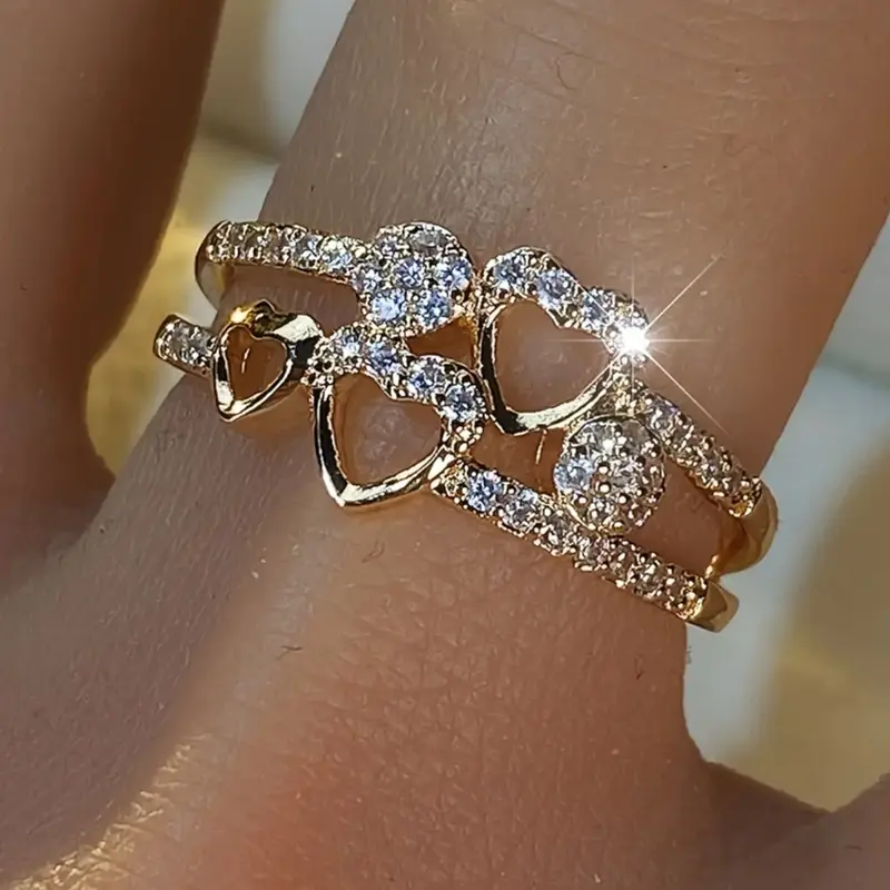 Women's Dual-Row Heart Shape Copper Metal Ring with Inlay Cubic Zirconia - Fashionable Jewelry Accessories, Elegant Party Accessory, Valentine's Day Gift for Girlfriend