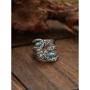 Women's Boho Turquoise Cuff Ring - Vintage Adjustable Open Fit Fashion Jewelry for Indoor Leisure, Outdoor Recreation