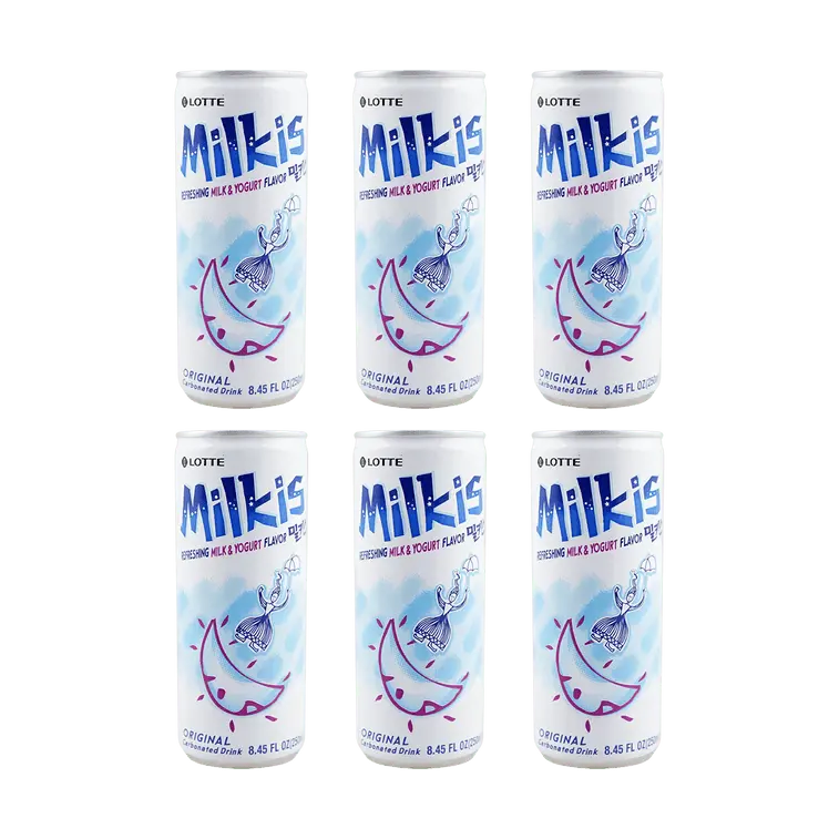 Lotte Milkis Korean Creamy Sweet Lightly Sweet Milky Taste Beverage - Yogurt, Skim Milk Infused Fizzy Drink, 250ml x 6 Pack, Non-Alcoholic Soda, Smooth Texture