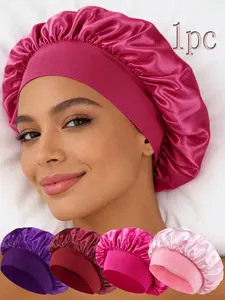 1PC Women's High Elastic Wide Brim Sleep Bonnet, Satin Silk Turban Hat, Anti-Slip Inner Band, Soft Breathable, Casual Plain Design