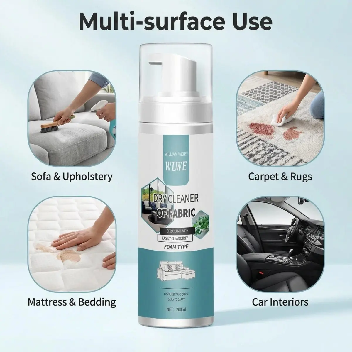 1pcs 200ml Fabric Sofa Dry Cleaning Foam Spray, Non-Toxic Fast-Dry Upholstery Stain Remover, Pet-Safe Household Items for Carpet, Mattress & Home/Car Interior Cleaning