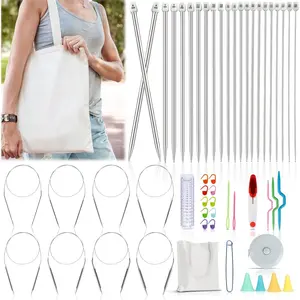 Knitting  Set for Beginners, 9 Pairs Circular Knitting  Set and 22 count Single Pointed Knitting  Set with Tote Bag Knitting Accessories Knit Supplies