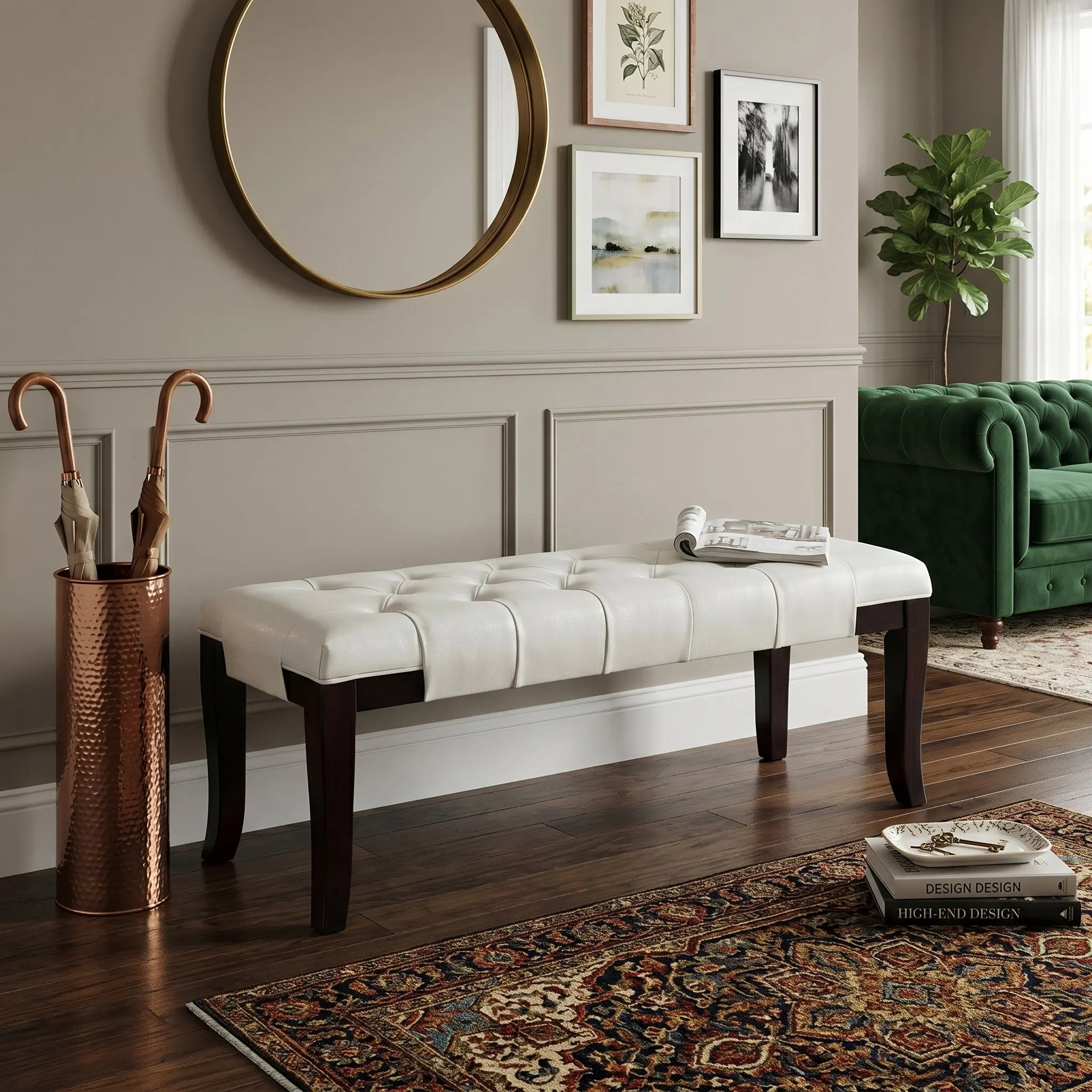 Linon White Leather Tufted Ottoman Bench