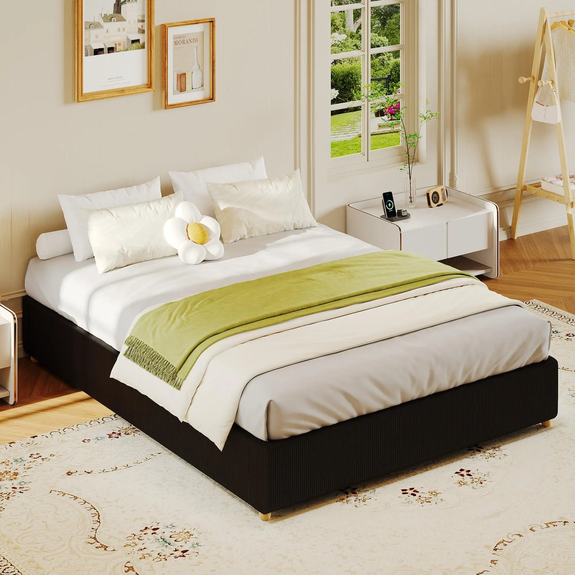 Twin Size Cloud Bed Frame, Corduroy Low Bed Frame Without Headboard, Thick Fabric Upholstered Platform Bed, Solid Wood Legs, No Box Spring Needed, Never Squeak, Easy Assembly, Black