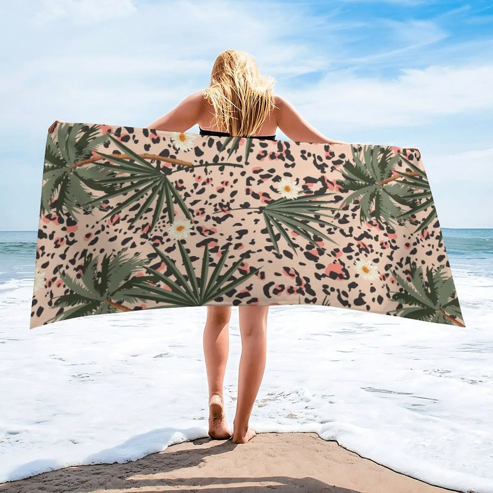 Microfiber Beach Towel for Adults - 31x61 Inch Sand Free Oversized Towel, Quick Dry & Super Absorbent Travel Towel, Leopard Skin & Palm Leaf Tropical Print Lightweight Large Bath Towel for Swimming, Pool, Gym, Yoga, Camping, Cruise Essentials