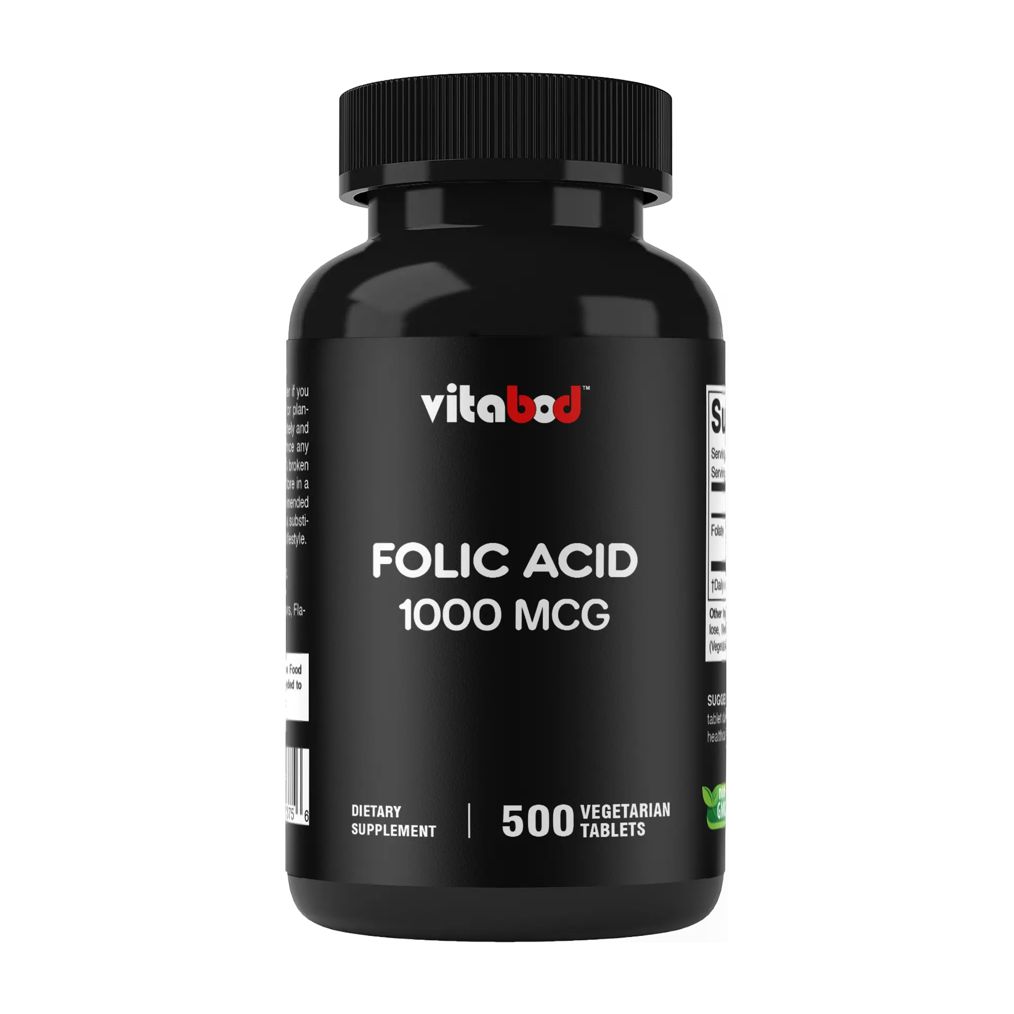 Vitabod Folic Acid 1000 mcg Vegetarian Dietary Tablets (500 Count) - Essential Vitamin B9, Energy Metabolism Supplement, Healthy Pregnancy Supplement, Non-GMO, Gluten-Free, Dairy-Free, Youth & Bone Health Support, Made in USA