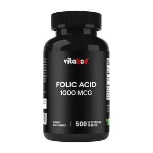 Vitabod Folic Acid 1000 mcg 500 Vegetarian Tablets Essential Prenatal Postnatal Vitamin B9 Non-GMO Gluten-Free Made in USA Healthcare Natural Dietary Optimum Supplements