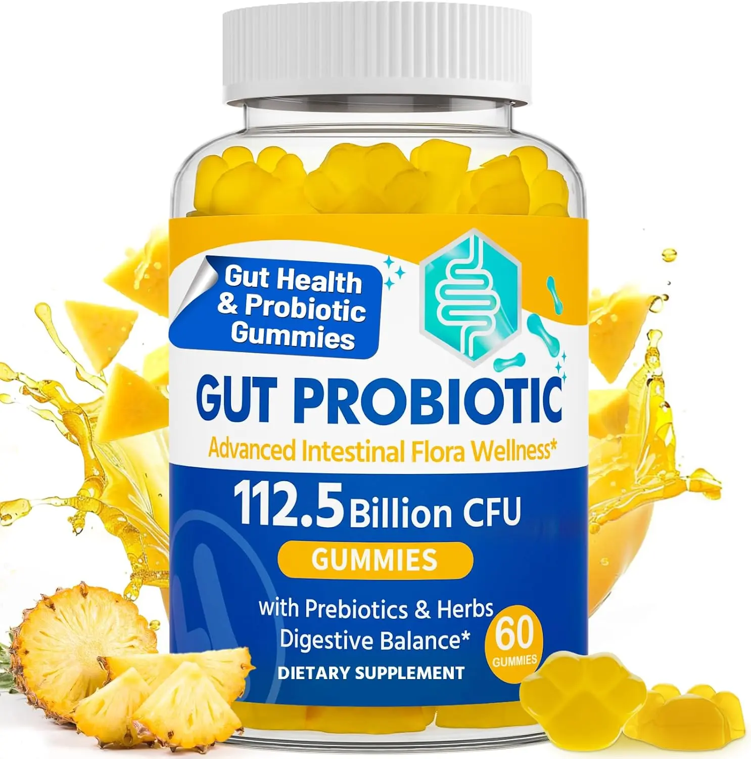 Gut Health & Probiotic Gummies, 112.5 Billion CFU, Sugar Free - 60 Counts | Probiotics Gummies - 8 Strain + Prebiotics + Herbs, for Digestive, Immune, Diarrhea & Bloating, Gut Health for Women & Men Supplement Vitamin