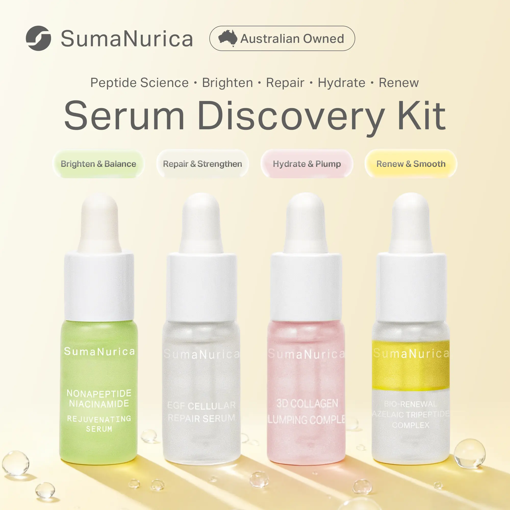 SumaNurica Regular Edition 4-Serum Set (4×5ml) - Anti-Aging, Skin Barrier Repair, Brightening, Hydrating Serums with Glycerin, Lecithin, Squalane, Saccharomyces Ferment Filtrate, SH-Oligopeptide-1 for Adults' Glowing Skin