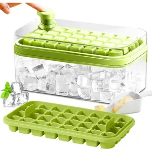 Green Ice Cube Tray Set with Lid & Bin 2 Pack for Freezer 64 Pieces Ice Mold Organized Storage Efficient Kitchen Accessory Green Color Stylish Design Utensils