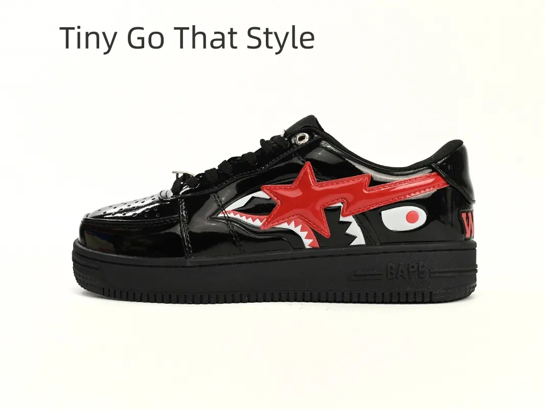 Couple Matching Low Top Casual Sneakers Solid Black Shiny Patent Leather Shoes Contrast Red Shark Graphic Non Slip Black Midsole Retro Campus Footwear
