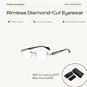 Rimless High Quality Eyewear, Frameless HD Vision Glasses with Clear Lenses, Diamond-Cut Edges, Stainless Steel Fashion Temple Decor, Lightweight Unisex Adults' Accessories for Computer, Daily Use, Mens Gifts