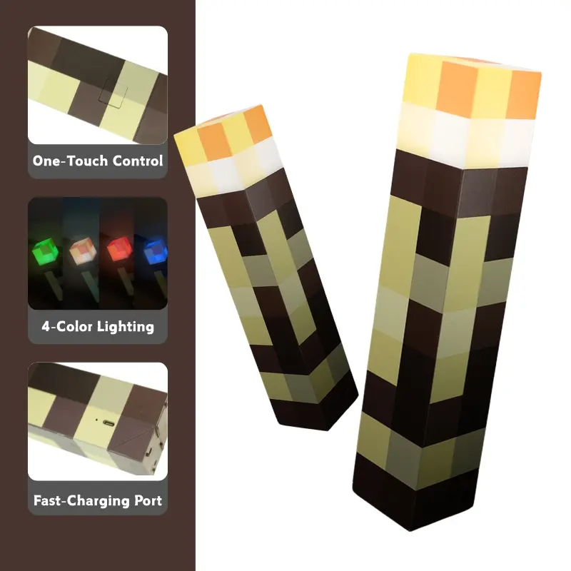 2 Pack Retro Light-up Wall Torch, Pixel Brownstone Torch Lamp, 4 Color Night Light, USB Rechargeable Night Lamp, Hand Held & Wall Mountable Table Light bright flashlight