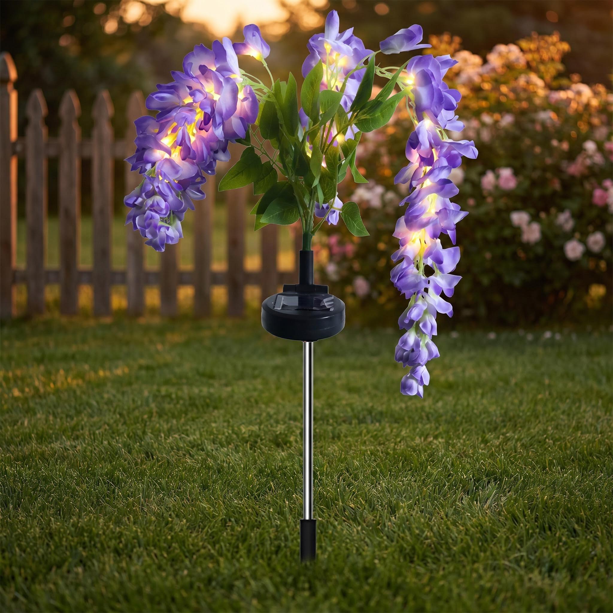 【AshKnoll】Solar Wisteria Flower Bouquets Ground-Stake String Light, Wireless Waterproof Artificial Decor with Ground Insertion for Garden, Patio, Potted Plants