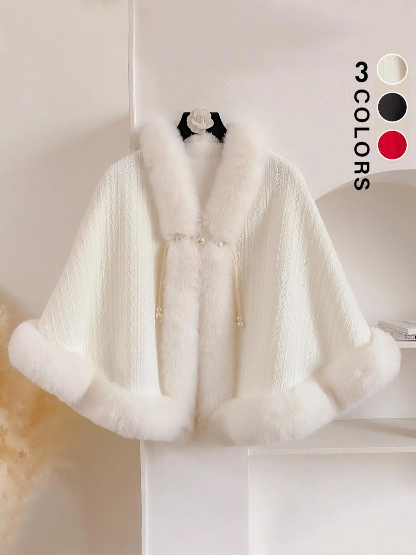 Women's Solid Color Contrast Faux Fur Cape Shawl, Casual Warm Shawl for Fall & Winter, Fashion Accessories for Daily Wear