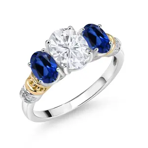 925 Sterling Silver and 10K Yellow Gold IGI Certified Lab Grown Diamond and Blue Created Sapphire 3 Stone Ring For Women | 2.73 Cttw | Center Oval Diamond 1.5 Ct | E-F Color | VS1-VS2