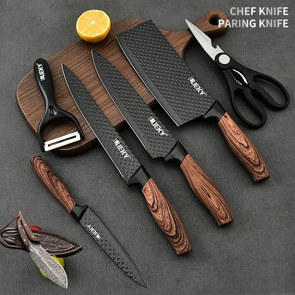 Professional 1/6" kitchen knife set, including a chef's knife, slicer, scraper, and scissors, made of stainless steel with super sharp blades and non-stick ergonomic wooden handles, suitable for home and travel, gift box