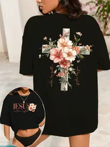 Women's Casual Loose Fit Round Neck Lady T-Shirt, Floral Cross Pattern Print, Soft Breathable Fabric, Fashion Comfort Versatile Top