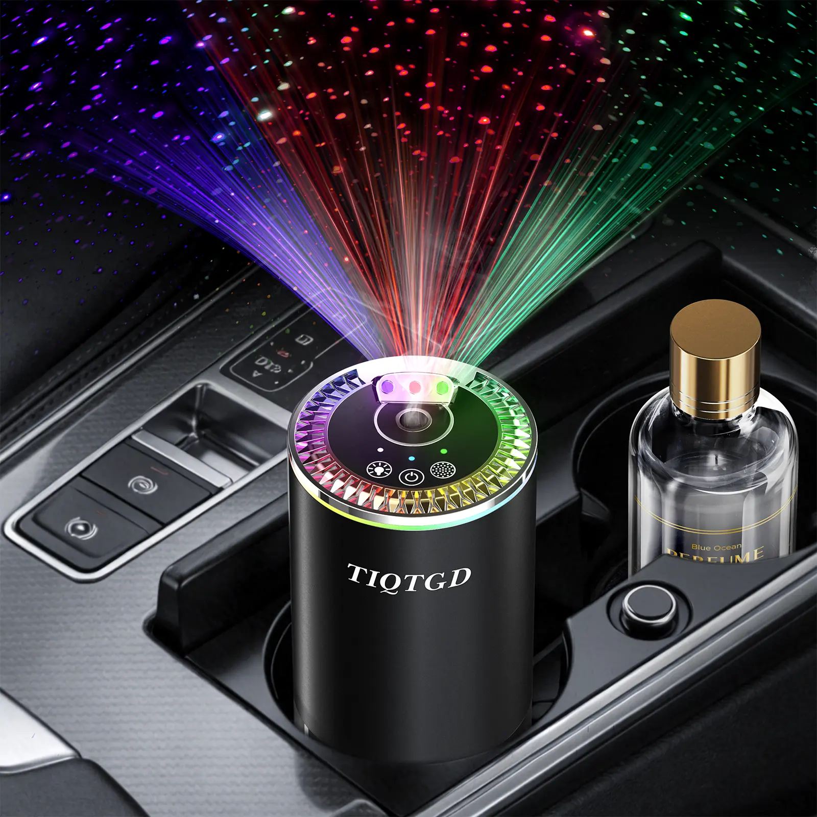 Smart Car Scent Diffuser with Starry Sky LED Lights, Blue Ocean Cologne, Auto On/Off, 3-Mode Adjustable Fragrance, Built-In Rechargeable Cells, 50ml Capacity, 1x Car Perfume, 1x USB Charging Cable, ABS Construction