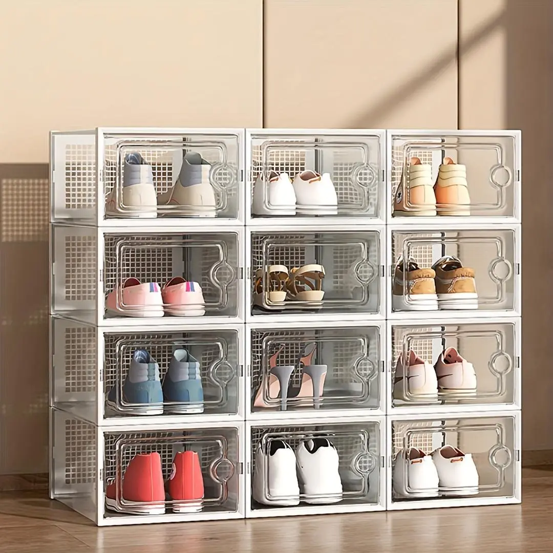 12/24 pieces double frame thickened transparent shoe box plastic basketball shoe box storage artifact foldable shoe box Clear Shoe Boxes