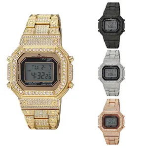 MaxBling81 Men's Fashionable Gold Quartz Digital Watch - Iced Stainless Steel Bling Simulated Diamond Band, Square Face, Date Display, Alarm, Light, Luminous Function, Stylish Wristwatch, Fashionable Watch, Stylish Watch